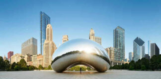 Cloud Gate sculpture with skyline of skyscrapers behind it