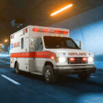 Ambulance driving through a brightly lit tunnel