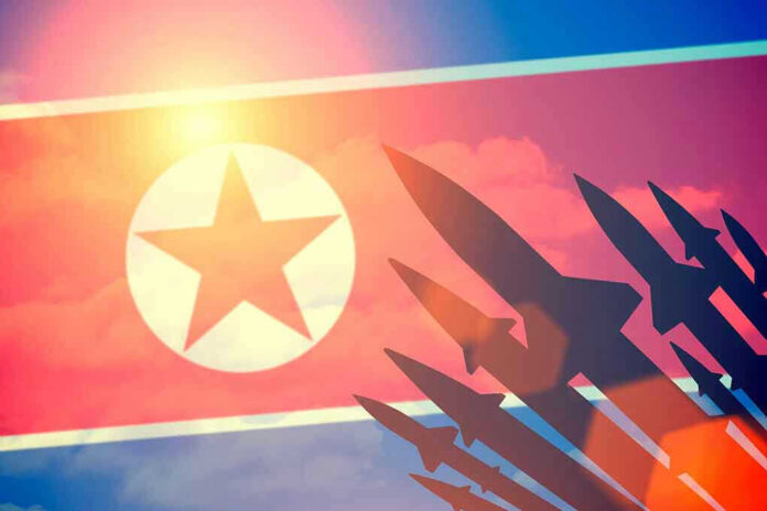 North Korean flag with missile silhouettes