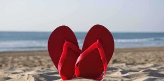 Red flip flops resting in the sand with an ocean background
