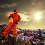 Toxic Nightmare Rocks Food Processing Plant Person in protective gear standing on a landfill with a yellow container