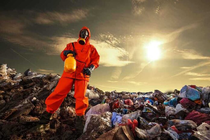 shutterstock_241729765.jpg Person in protective gear standing on a landfill with a yellow container