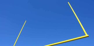 Yellow football goalpost against a clear blue sky