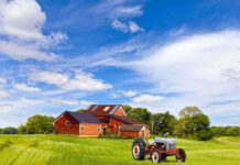 A vintage tractor in front of a red barn on a sunny day