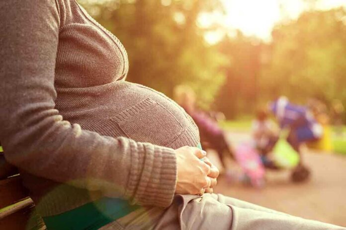 Pregnant woman sitting on a bench in a park during sunset