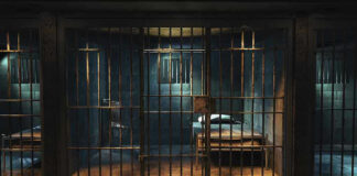 Empty prison cell with metal bars and bed.