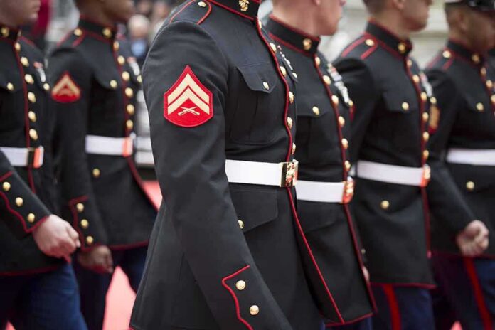 Marines in formal uniforms marching during a parade