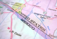 Close-up of a map showing the United States and Mexico border