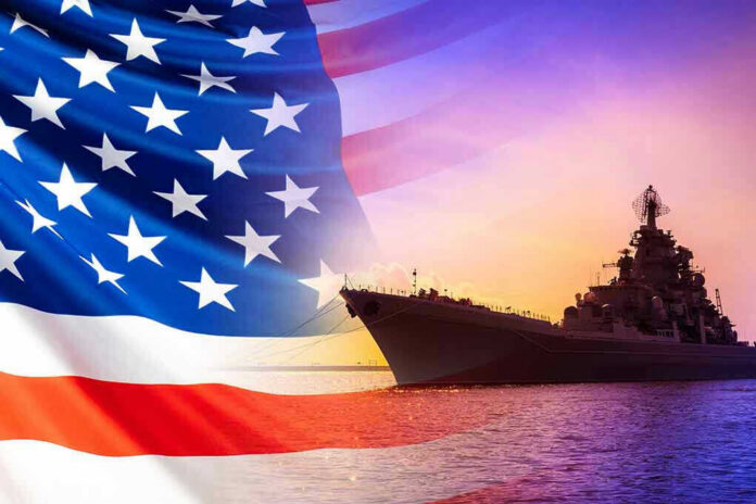 American flag overlaying warship at sunset.