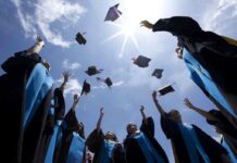 AI Showdown: Former Google CEO Sparks Outrage at Graduation Graduating students celebrating by throwing their caps into the air under a bright blue sky