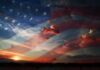 A sunset with an overlay of the American flag and dramatic clouds