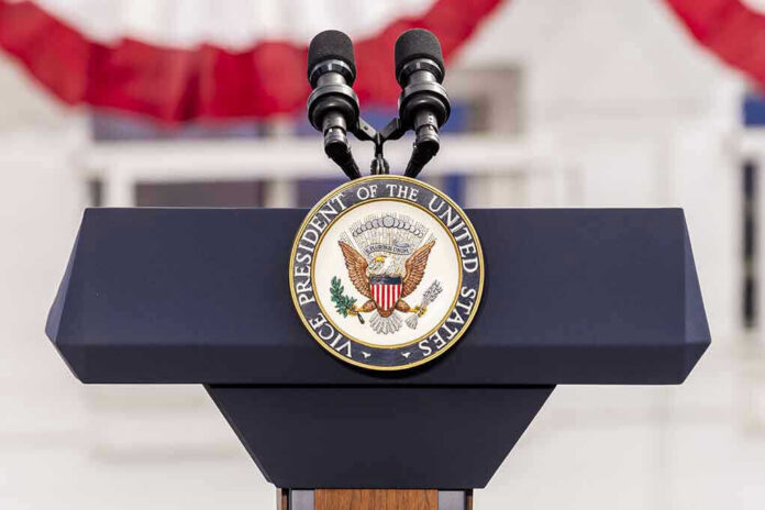 638168197 Vice Presidential podium with microphones and emblem.