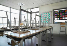 Empty classroom with chairs on top of desks.