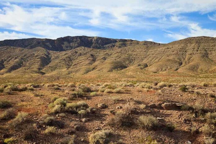 A vast desert landscape with a mountain range under a blue sky