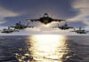 Vance Boasts: Iran Navy ‘Sunk’ Five fighter jets flying over the ocean at sunset.