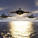 Vance Boasts: Iran Navy ‘Sunk’ Five fighter jets flying over the ocean at sunset.
