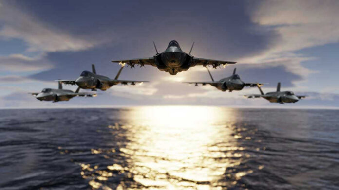 1593281419 Five fighter jets flying over the ocean at sunset.