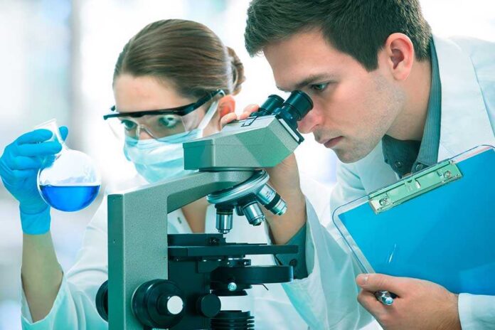 Two scientists conducting an experiment in a laboratory, one looking through a microscope and the other holding a flask with blue liquid