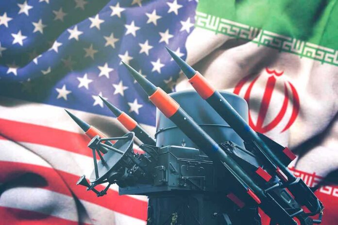 Missile launchers in front of U.S. and Iranian flags