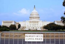 Troops Till 2029: What’s Really Going On? View of the U.S. Capitol building with a security barrier in front