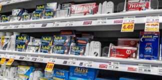 Pharmacy shelf with over-the-counter pain relievers