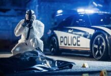 forensic investigator photographing crime scene near police car
