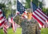Soldier saluting among American flags