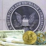 Regulator Opens Door For Trump Stablecoin cryptocurrency coins and cash in front of SEC emblem