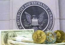 Regulator Opens Door For Trump Stablecoin cryptocurrency coins and cash in front of SEC emblem