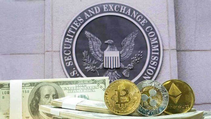 shutterstock_1398573086 cryptocurrency coins and cash in front of SEC emblem