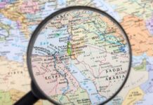 Magnifying glass over Middle East map