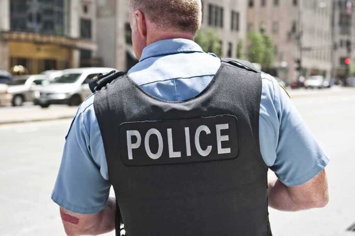 shutterstock_274907645 Police officer in uniform from behind on a city street