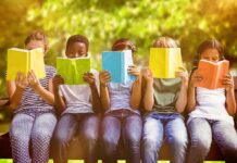 Blue Line Barrier: Scholarships Halted Children sitting on a bench reading colorful books outdoors
