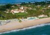 Kamala Harris 8-Million Malibu Purchase Aerial view of a beachfront estate with pool and palm trees