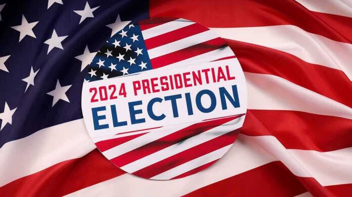 shutterstock_2363887315 Button for 2024 presidential election on American flag