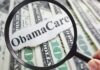 Magnifying glass over cash highlighting Obamacare text