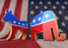 Hollywood Stunner Backs Republican In Deep-Blue NY Democratic donkey and Republican elephant symbols on American flag backdrop