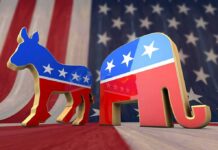 Hollywood Stunner Backs Republican In Deep-Blue NY Democratic donkey and Republican elephant symbols on American flag backdrop