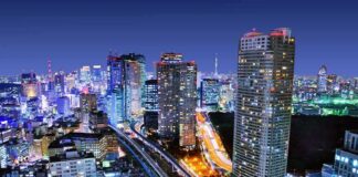 City skyline at night with illuminated skyscrapers and highways