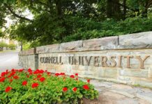 State Power Move Jolts Cornell Cornell University stone entrance sign with red flowers
