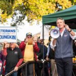 Man with megaphone addressing crowd at outdoor rally