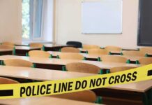Four Dead, One Hero – Trump Weighs In Empty classroom with police tape across desks